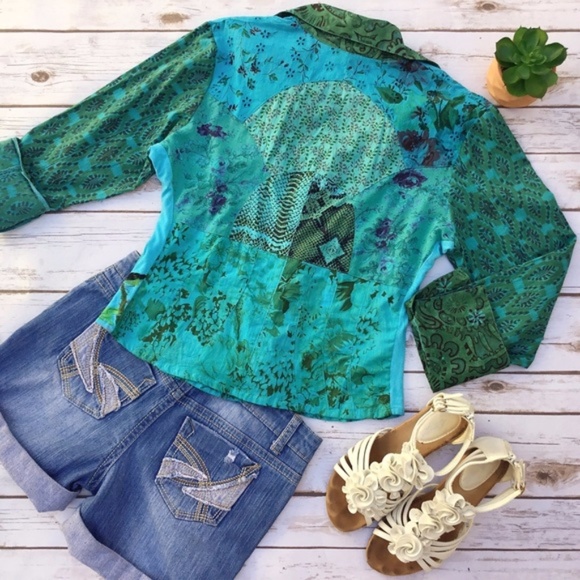 Green Blue Patchwork Floral Embroidered Blouse Top - Picture 2 of 8